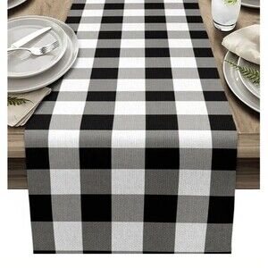 Table Runner 13x72in Black, White & Gray Check Country Farmhouse Polyester NEW